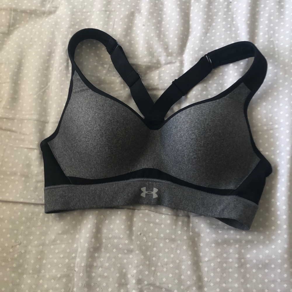 Gray and black under armour bra
